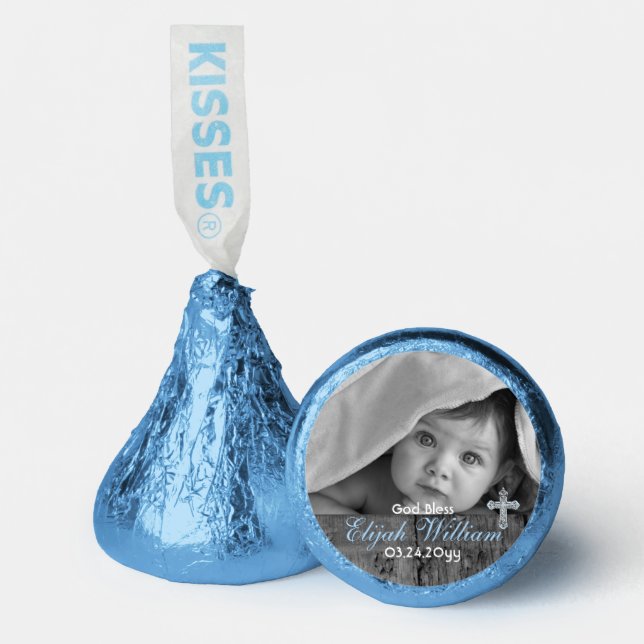 Rustic Wood with Vintage Cross Baptism Photo  Hershey®'s Kisses® (Front)