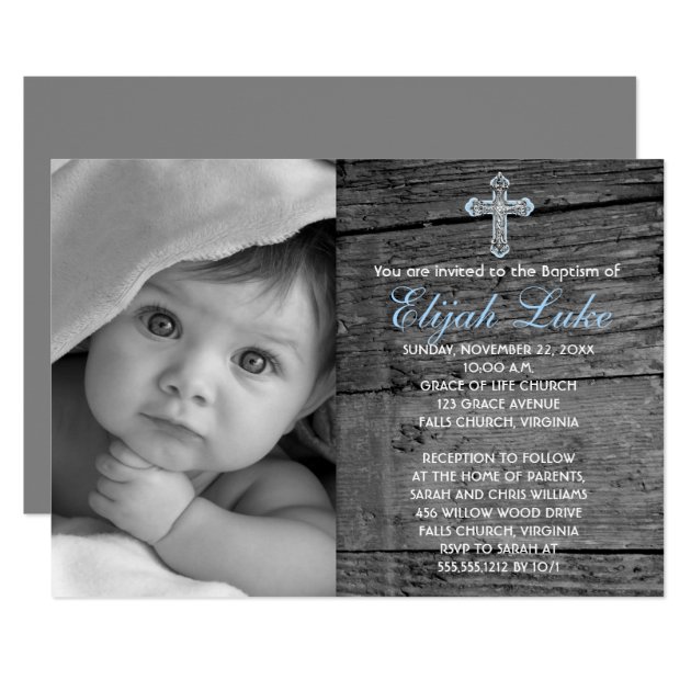 Rustic Wood With Vintage Cross Photo Baptism Card