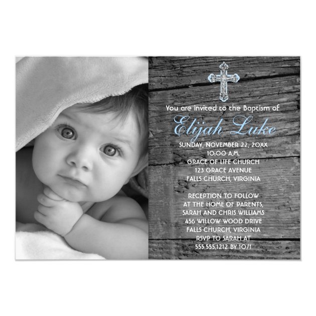 Rustic Wood With Vintage Cross Photo Baptism Card