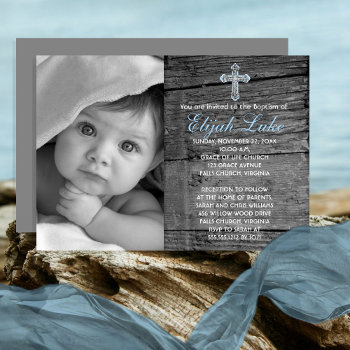 Rustic Wood With Vintage Cross Photo Baptism Invitation by holidayhearts at Zazzle