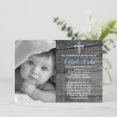 Rustic Wood with Vintage Cross Photo Baptism Invitation (Standing Front)