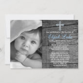 Rustic Wood with Vintage Cross Photo Baptism Invitation (Front)