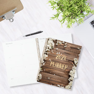Rustic Wood with White Flowers Planner