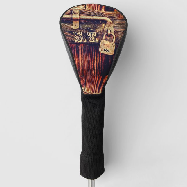 Rustic wood woodgrain antique brass lock brown golf head cover (Front)