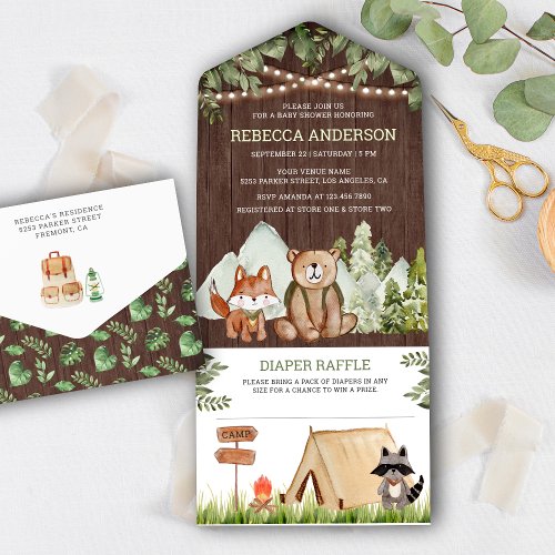 Rustic Wood Woodland Animals Camping Baby Shower All In One Invitation