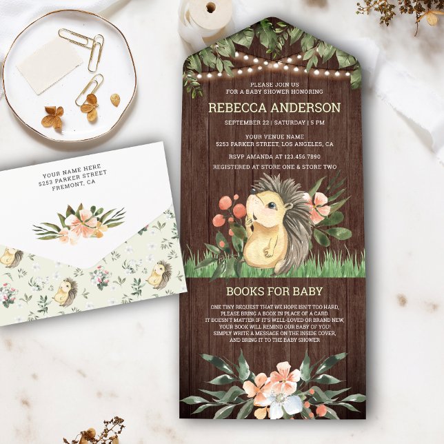 Rustic Wood Woodland Cute Hedgehog Baby Shower All In One Invitation (Creator Uploaded)