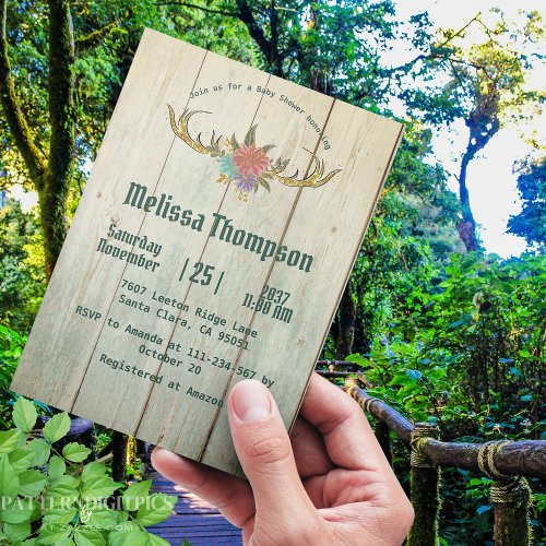 Rustic Wood Woodland Deer Green Forest Baby Shower Invitation