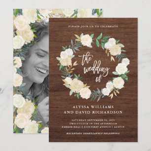 Rustic Wood Wreath Wedding with Photo Back Invitation