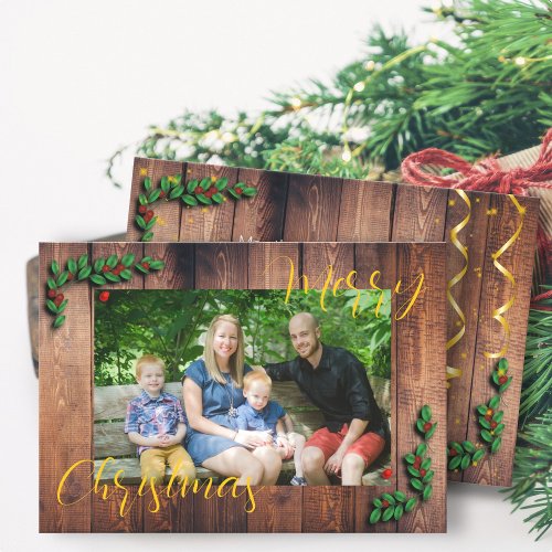 Rustic Wood Xmas Family Photo  Holiday Card