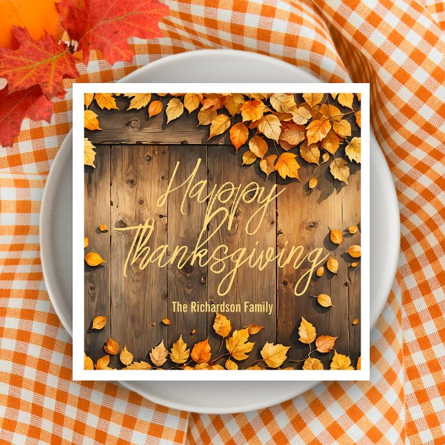 Rustic Wood Yellow Fall Leaves Happy Thanksgiving Napkins (Creator Uploaded)