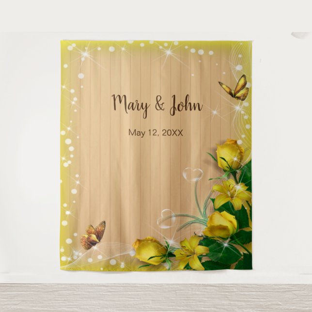 Rustic Wood Yellow Floral Butterfly Backdrop (Front)