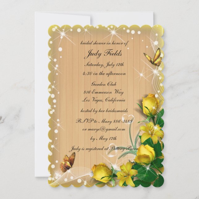 Rustic Wood Yellow Floral Butterfly Bridal Shower Invitation (Front)