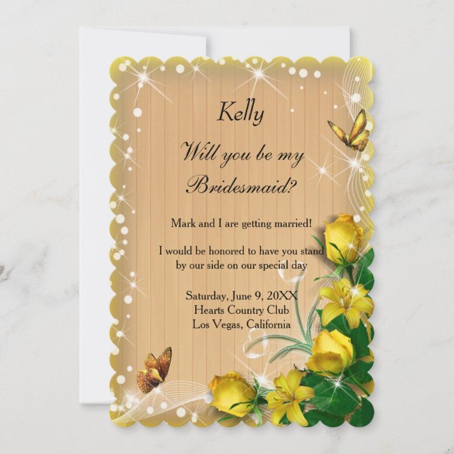 Rustic Wood Yellow Floral Butterfly Bridesmaid Invitation (Front)