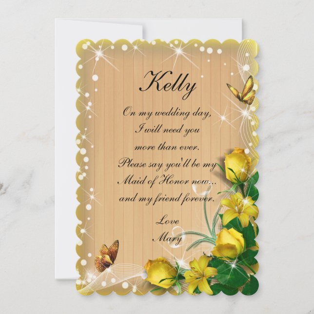 Rustic Wood Yellow Floral Butterfly Maid Of Honor Invitation (Front)