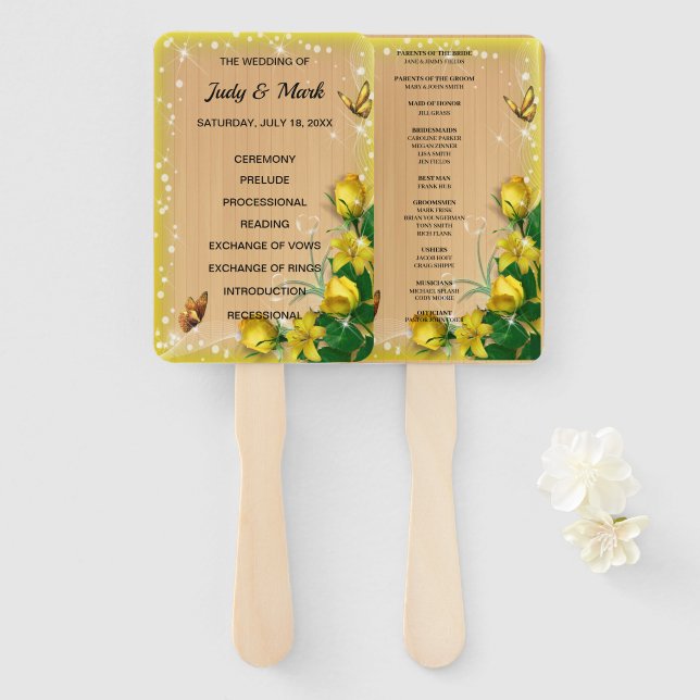 Rustic Wood Yellow Floral Butterfly  Program Hand Fan (Front and Back)
