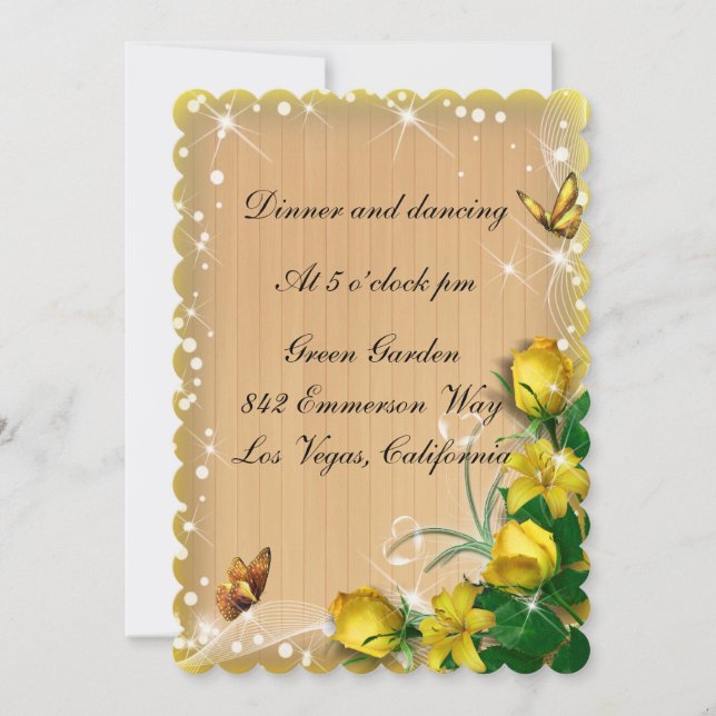 Rustic Wood Yellow Floral Butterfly Reception Invitation (Front)