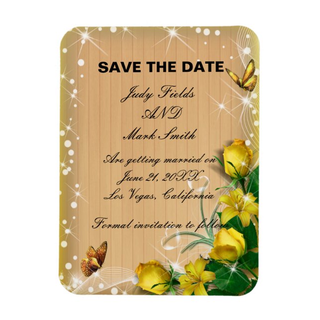 Rustic Wood Yellow Floral Butterfly Save The Date Magnet (Vertical)