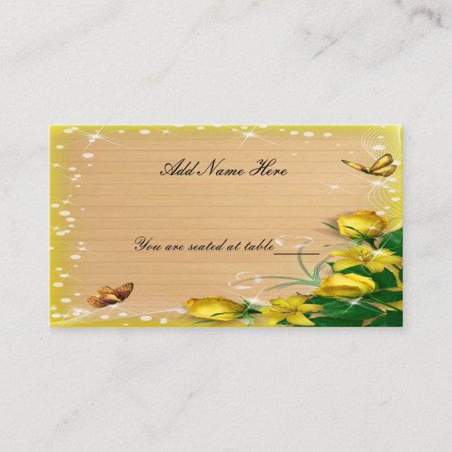 Rustic Wood Yellow Floral Butterfly Table Place Place Card (Front)