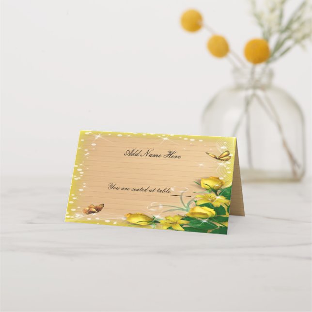 Rustic Wood Yellow Floral Butterfly Table Place Place Card (Front)