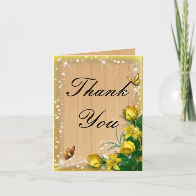 Rustic Wood Yellow Floral Butterfly Thank You Card (Front)