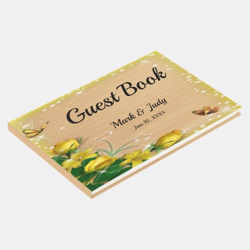 Rustic Wood Yellow Floral Butterfly Wedding Guest Book