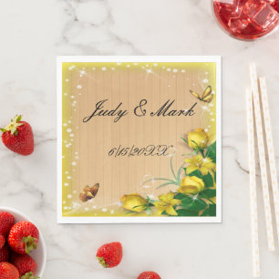Rustic Wood Yellow Floral Butterfly Wedding Paper Napkins