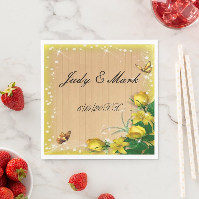 Rustic Wood Yellow Floral Butterfly Wedding Paper Napkins (Insitu)