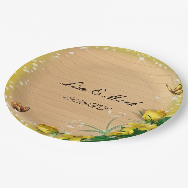 Rustic Wood Yellow Floral Butterfly Wedding Paper Plates (Angled)