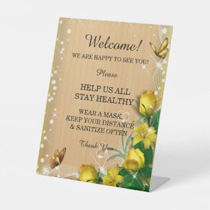 Rustic Wood Yellow Floral Butterfly Wedding Safety Pedestal Sign