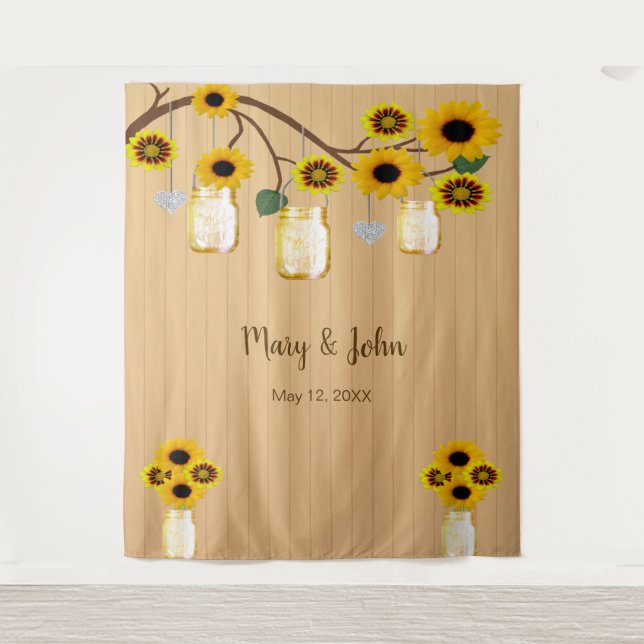 Rustic Wood Yellow Floral Mason Jar Photo Backdrop (Front)