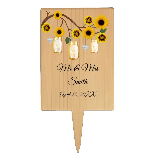Rustic Wood Yellow Floral Mason Jar Wedding Cake Topper (Front)