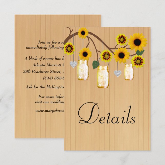 Rustic Wood Yellow Floral Mason Jars Details Enclosure Card (Front/Back)