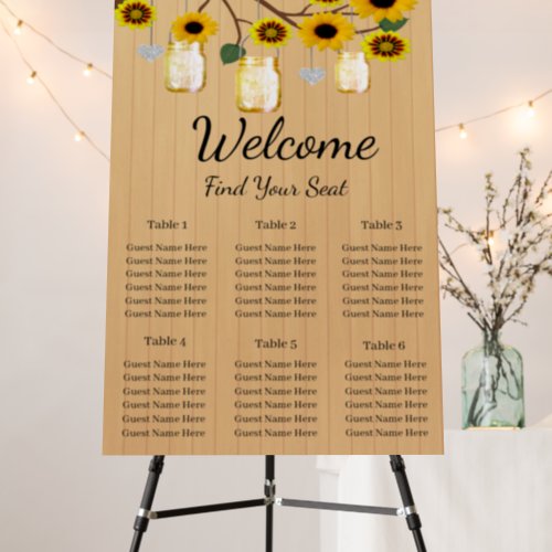 Rustic Wood Yellow Floral Mason Jars Seating Chart Foam Board