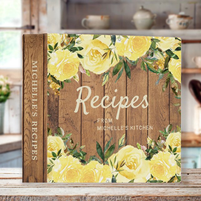 Rustic Wood Yellow Floral Recipe Cookbook 3 Ring Binder (Rustic wood and yellow floral custom recipe binder)