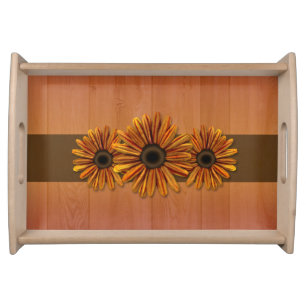 Rustic wood yellow orange sunflower serving tray