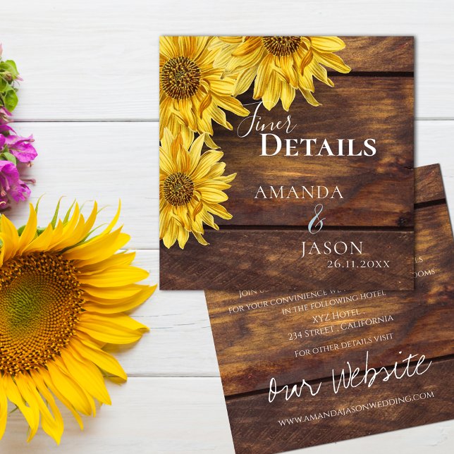 Rustic Wood Yellow Sunflower Fall  Wedding Details Enclosure Card (Rustic Wood Yellow Sunflower Fall Wedding Details Enclosure Card)
