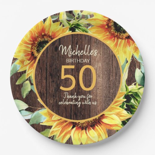 Rustic Wood Yellow Sunflowers 50th Birthday Paper Plates