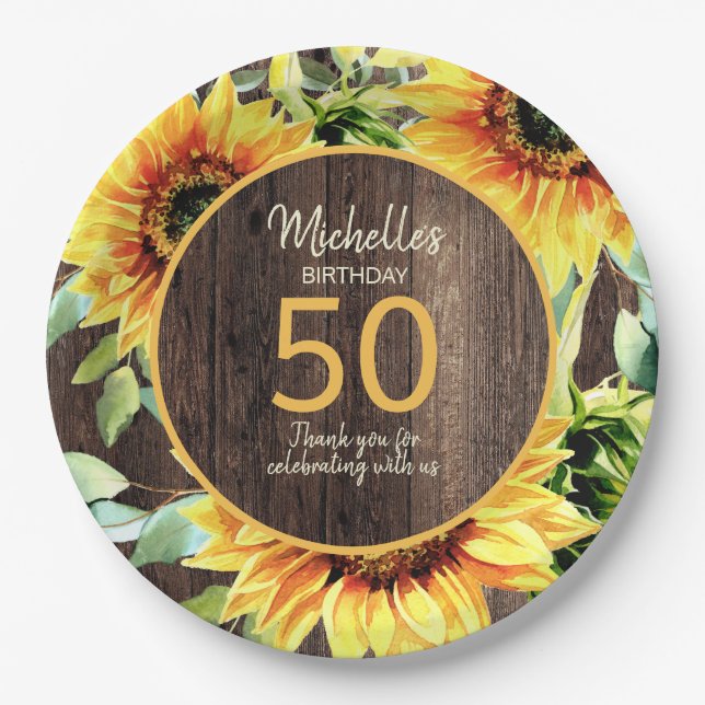 Rustic Wood Yellow Sunflowers 50th Birthday Paper Plates (Front)