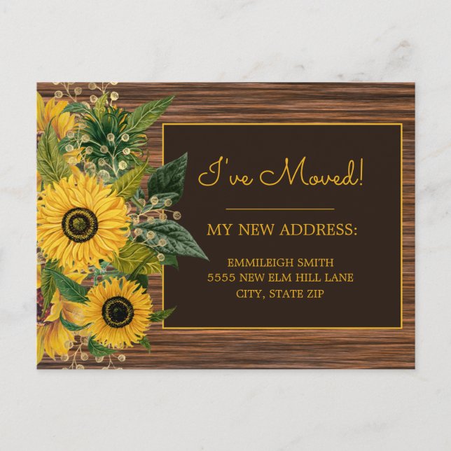 Rustic Wood Yellow Sunflowers Change Address Postcard (Front)