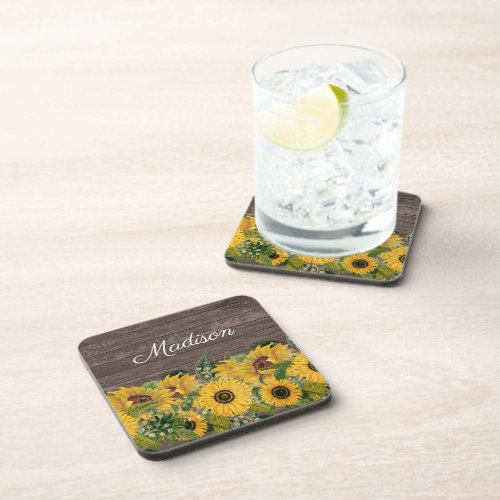 Rustic Wood Yellow Sunflowers Country   Beverage Coaster