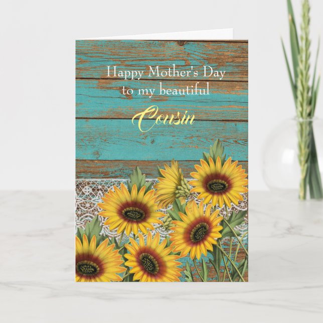 Rustic Wood Yellow Sunflowers Cousin Mother's Day Card (Front)