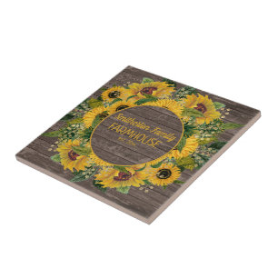 Rustic Wood Yellow Sunflowers Family Farmhouse Ceramic Tile
