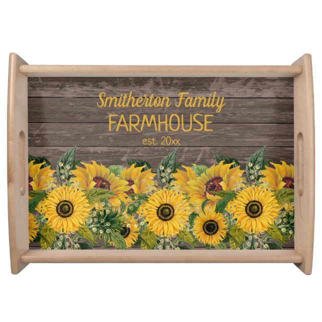Rustic Wood Yellow Sunflowers Family Farmhouse Serving Tray (Front)