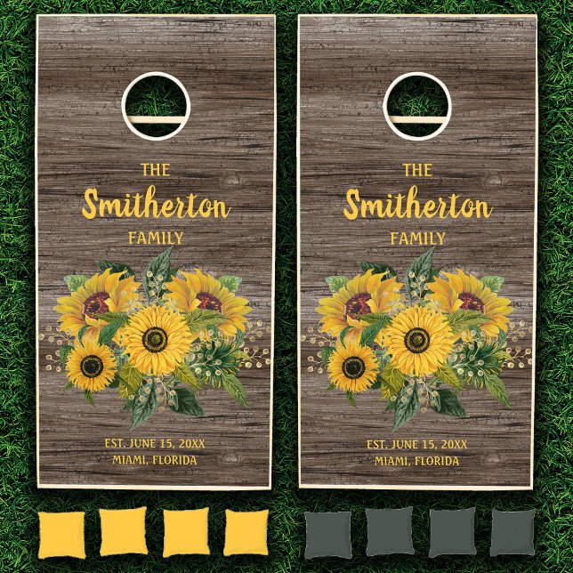 Rustic Wood Yellow Sunflowers Family Name Date Cor Cornhole Set (Sunflowers on rustic wood custom family cornhole set.)