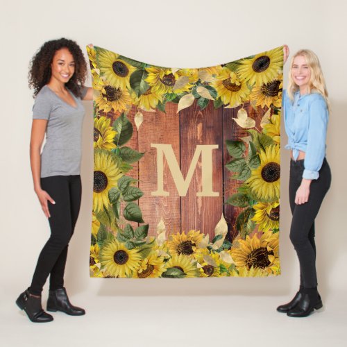 Rustic Wood Yellow Sunflowers Monogram Initial Fleece Blanket