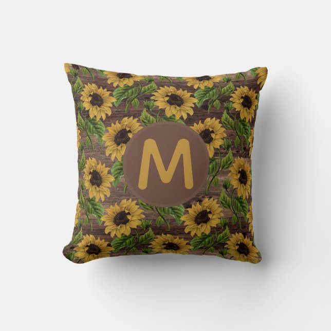 Rustic Wood Yellow Sunflowers Monogram Throw Pillow (Front)