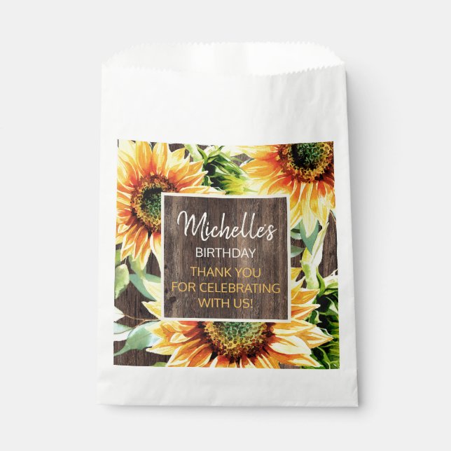 Rustic Wood Yellow Sunflowers Thank You Favor Bag (Front)
