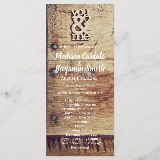 Rustic Wood "You & Me" Wedding Programs (Front)