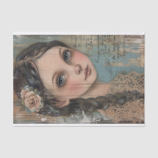 Rustic Wood, Young Girl, Flower in Hair Decoupage Tissue Paper (Front)