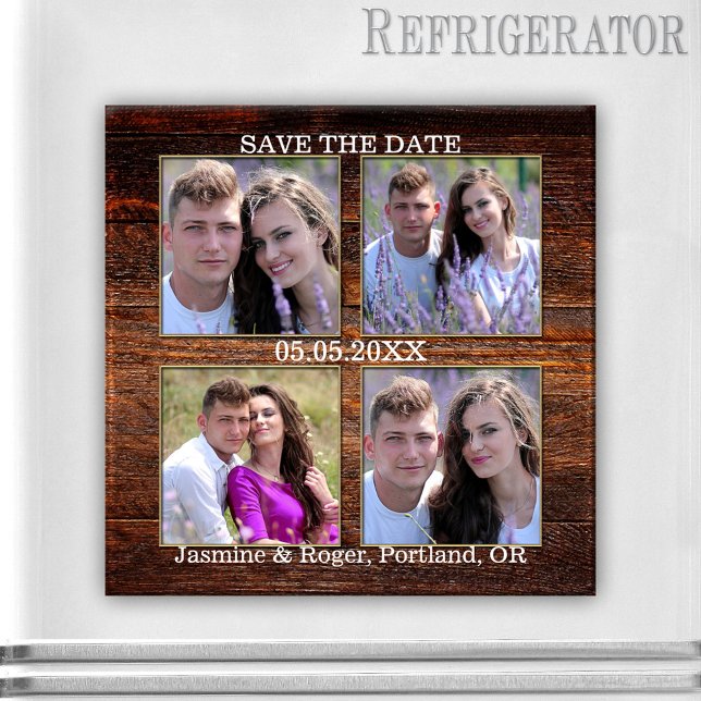 Rustic Wood Your 4 Photos Save the Date Magnet (Save the Date magnet featuring your own 4 photos framed by rustic wood - wedding - engagement)